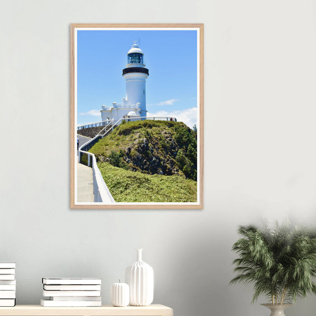 Byron Lighthouse Light Blue Wall Art with Premium Wooden Frame