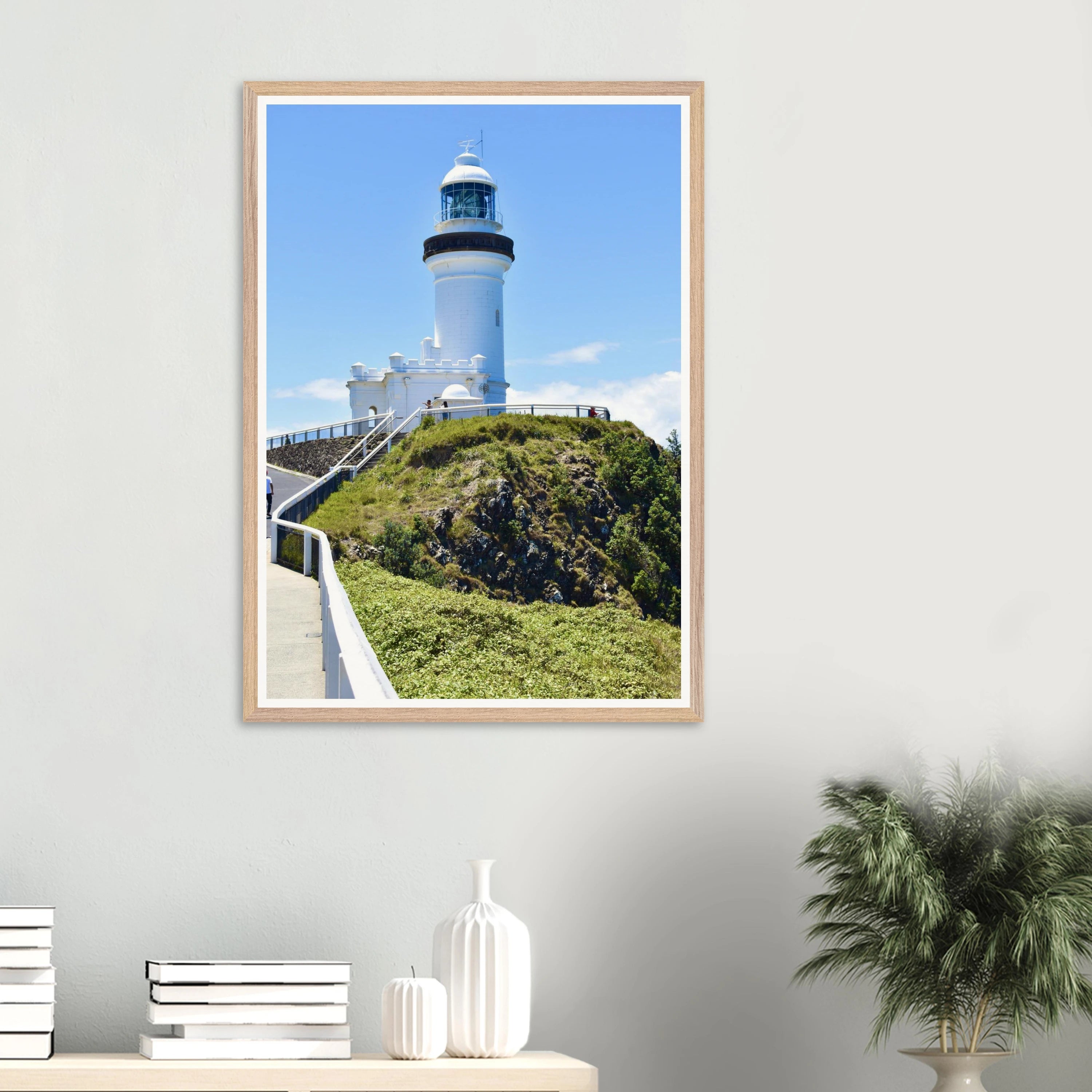 Byron Lighthouse Light Blue Wall Art with Premium Wooden Frame