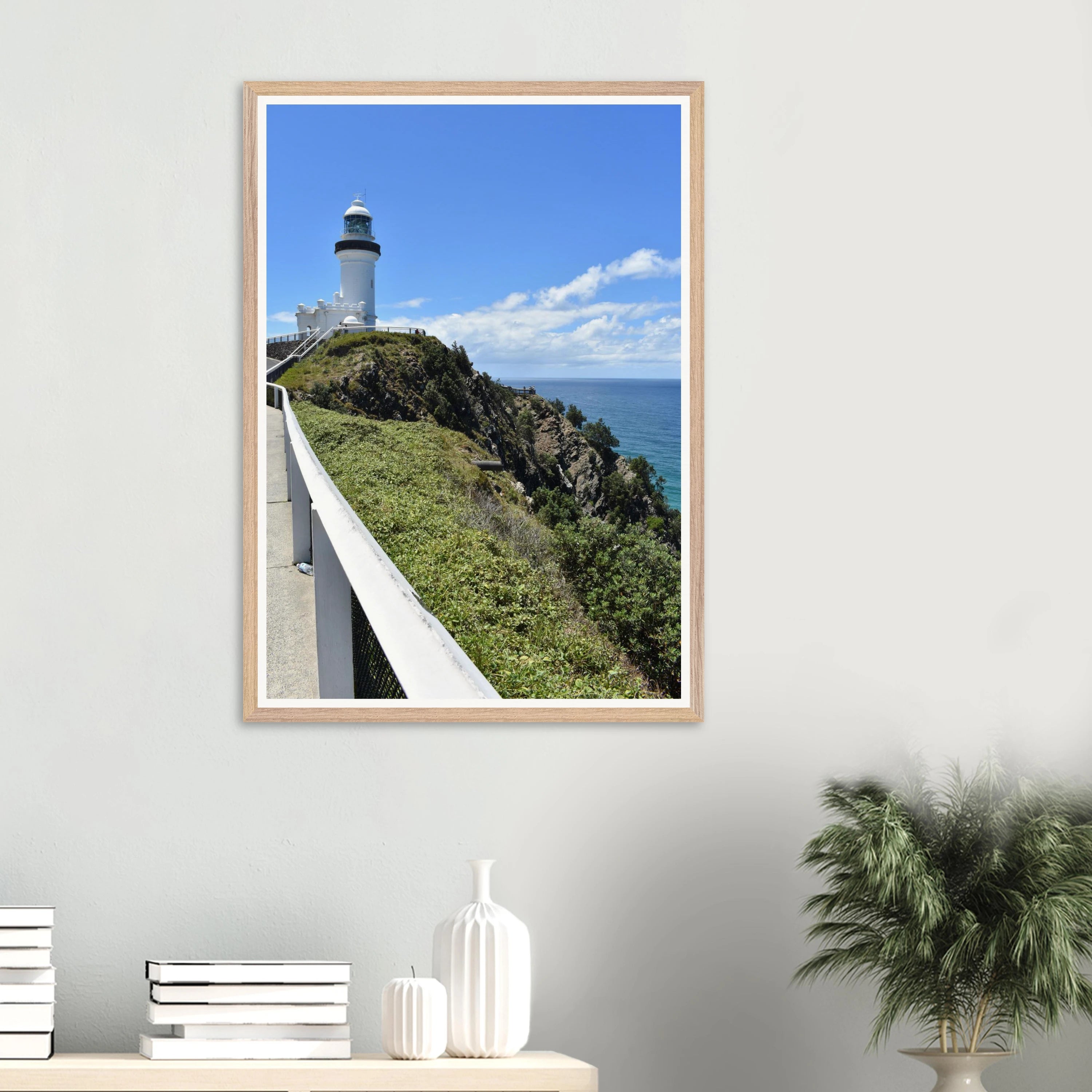 Byron Lighthouse Rolling Hill Wall Art with Premium Wooden Frame