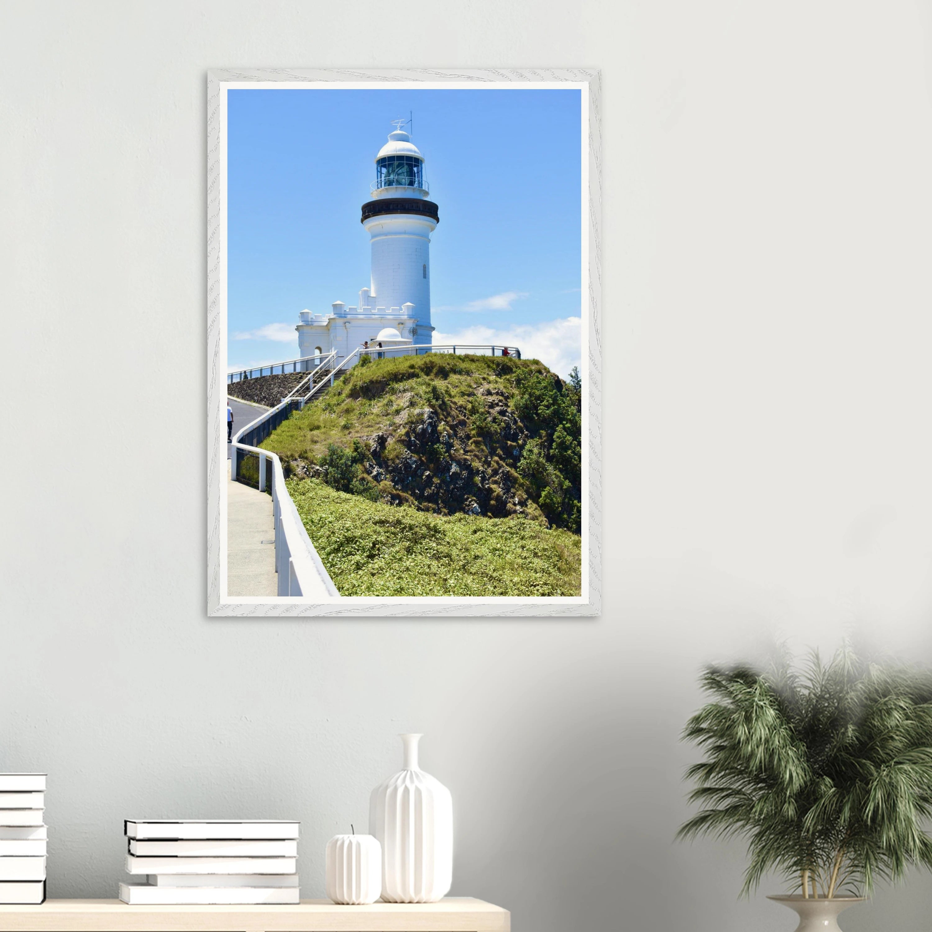 Byron Lighthouse Light Blue Wall Art with Premium Wooden Frame