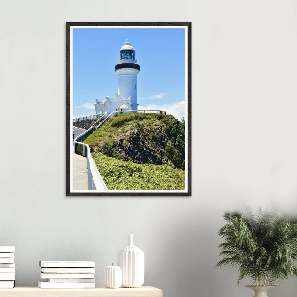 Byron Lighthouse Light Blue Wall Art with Premium Wooden Frame