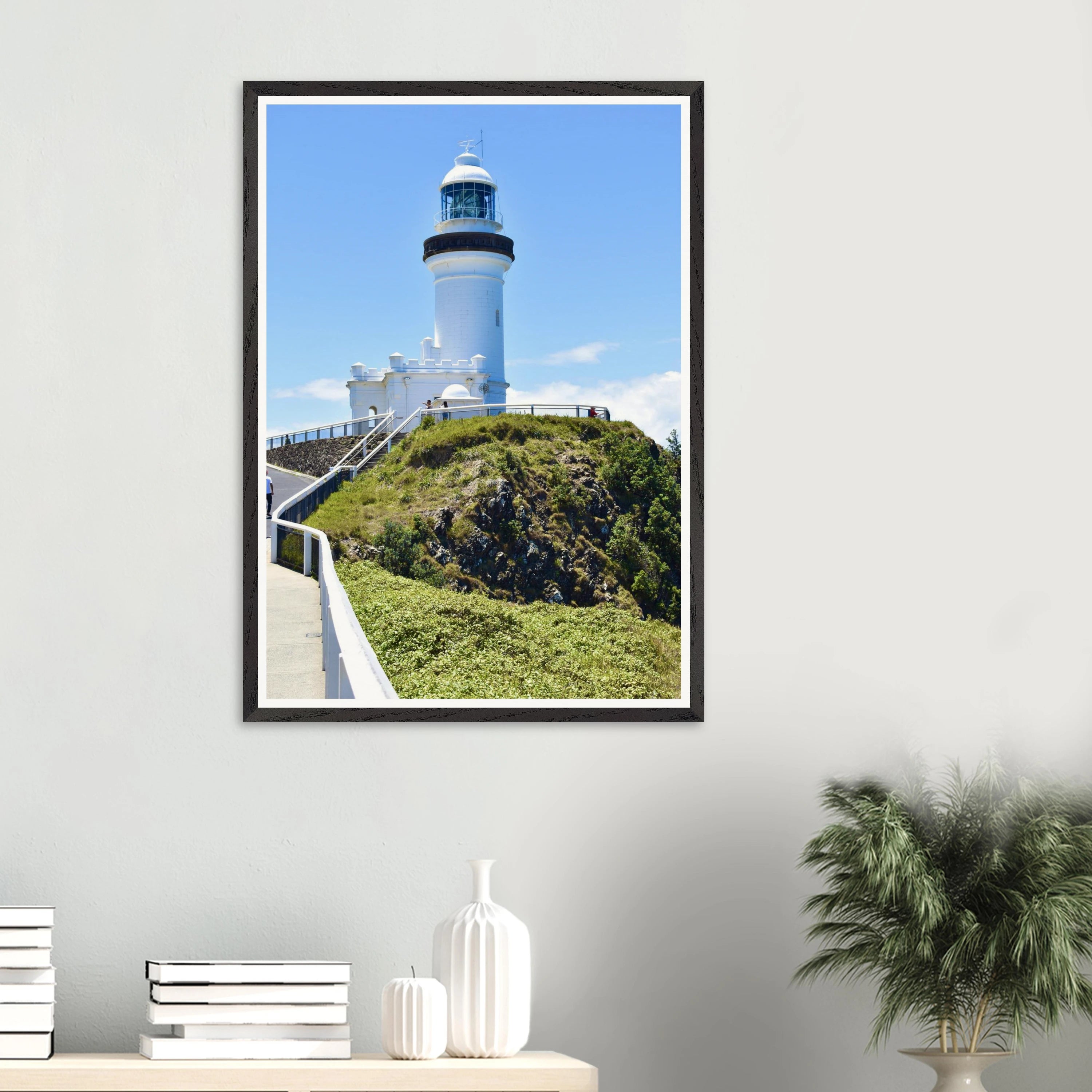 Byron Lighthouse Light Blue Wall Art with Premium Wooden Frame
