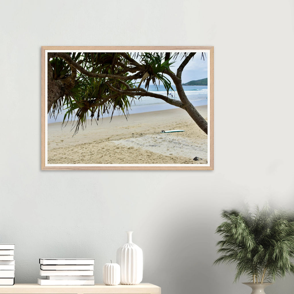 Byron Main Beach Pandanus Surfboard Wall Art with Premium Wooden Frame