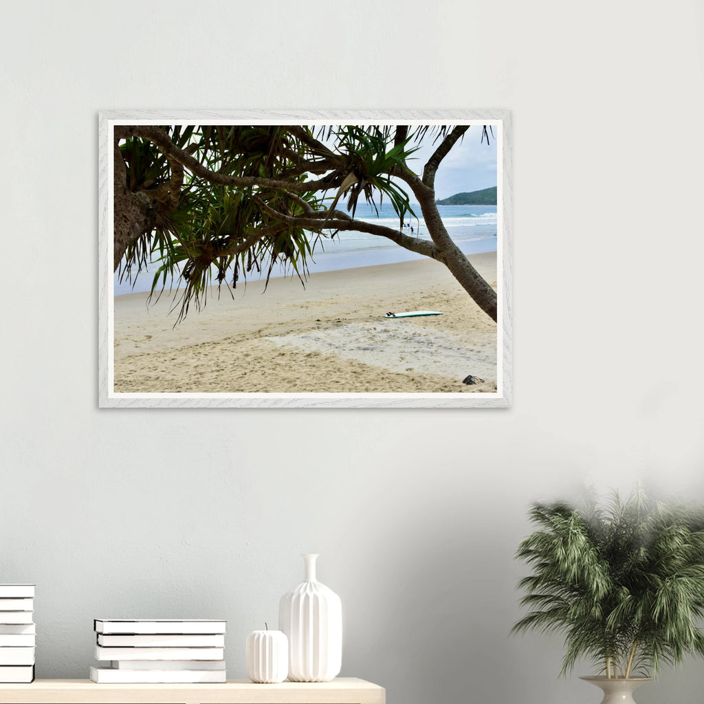 Byron Main Beach Pandanus Surfboard Wall Art with Premium Wooden Frame