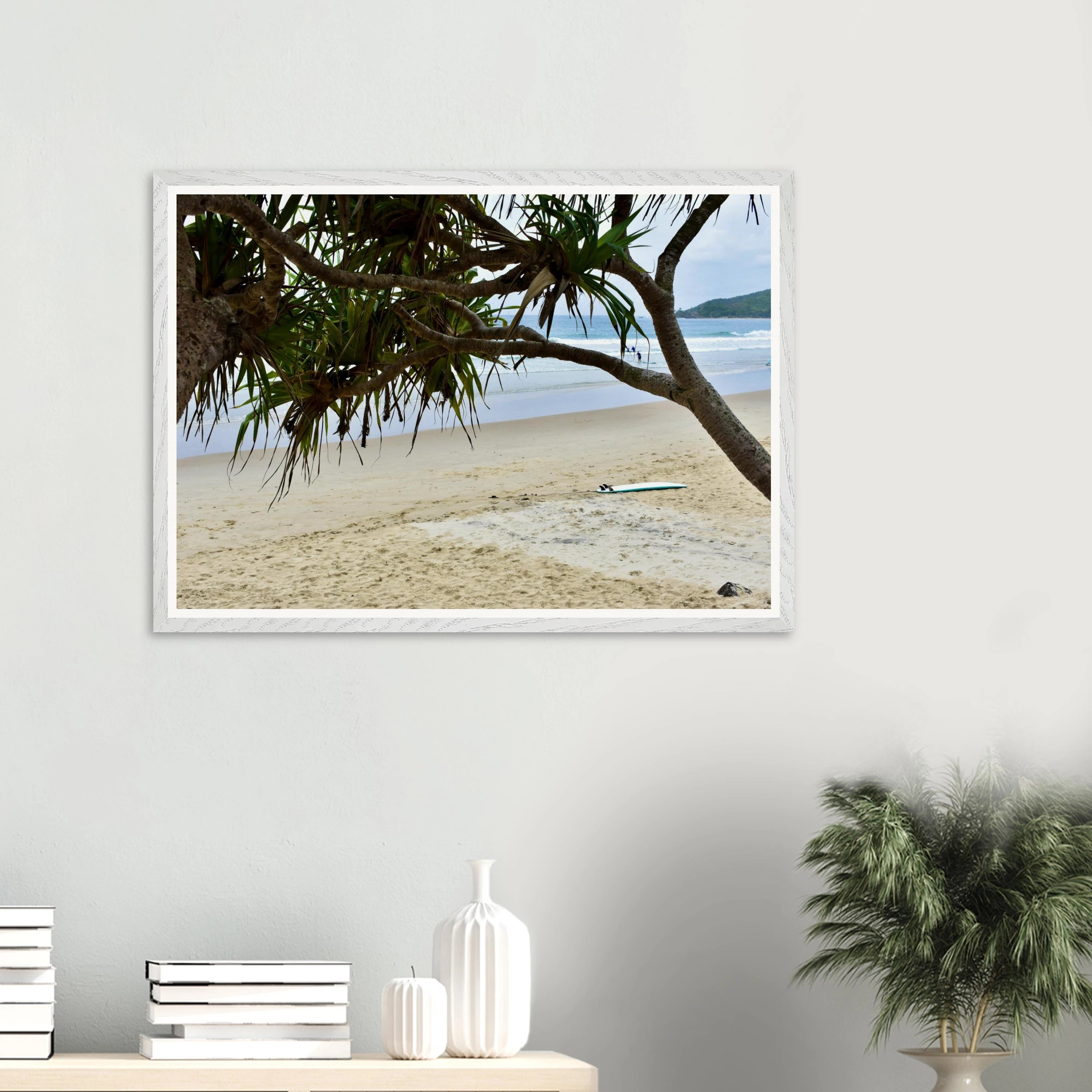 Byron Main Beach Pandanus Surfboard Wall Art with Premium Wooden Frame