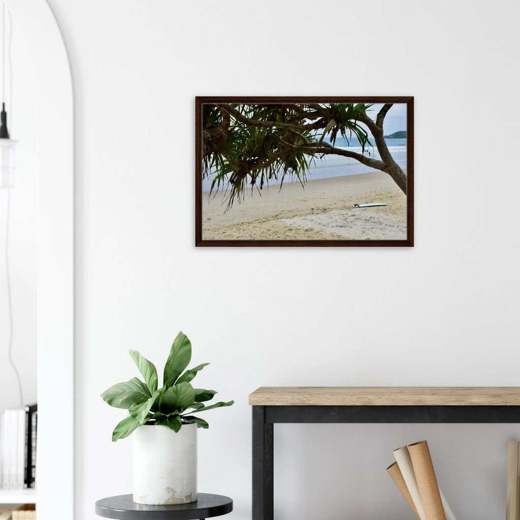 Byron Main Beach Pandanus Surfboard: Framed Canvas