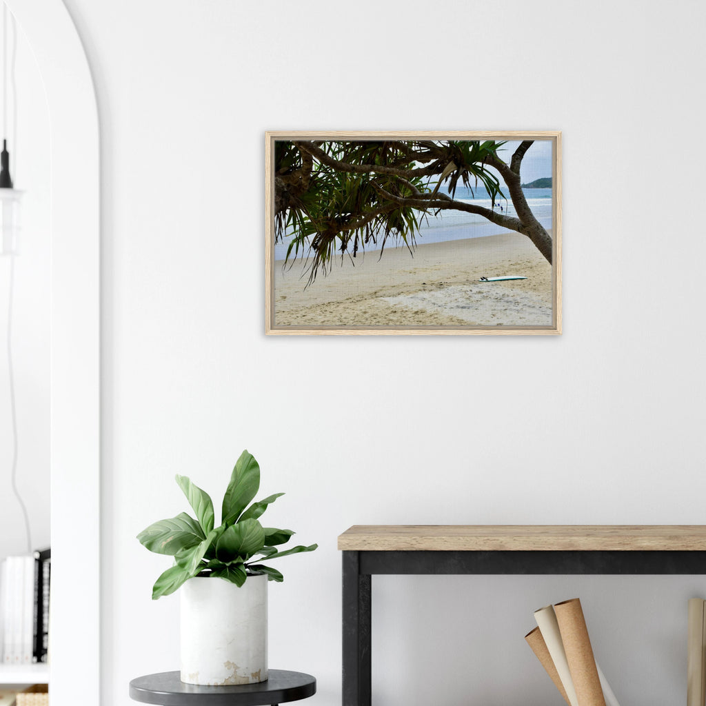 Byron Main Beach Pandanus Surfboard: Framed Canvas