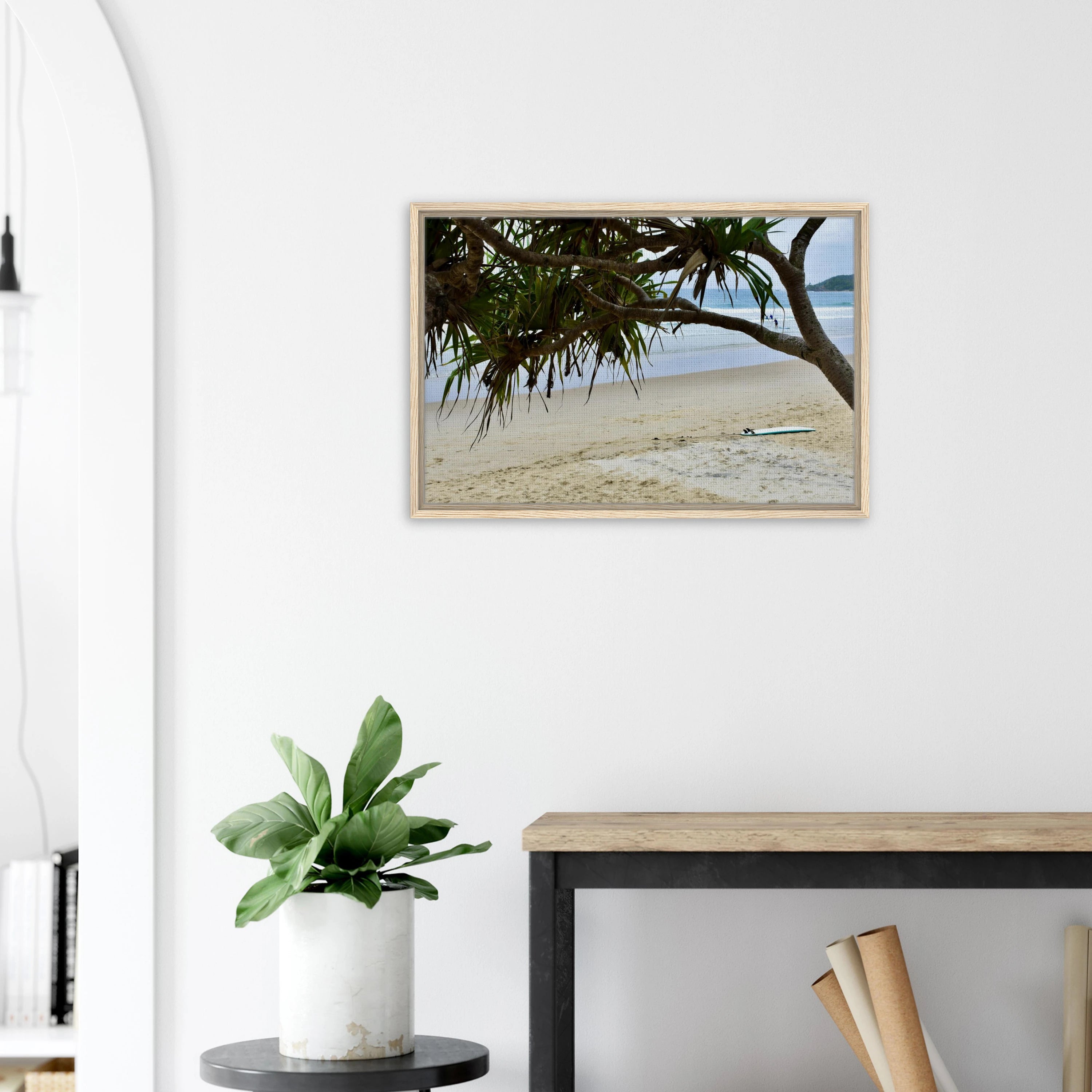 Byron Main Beach Pandanus Surfboard: Framed Canvas
