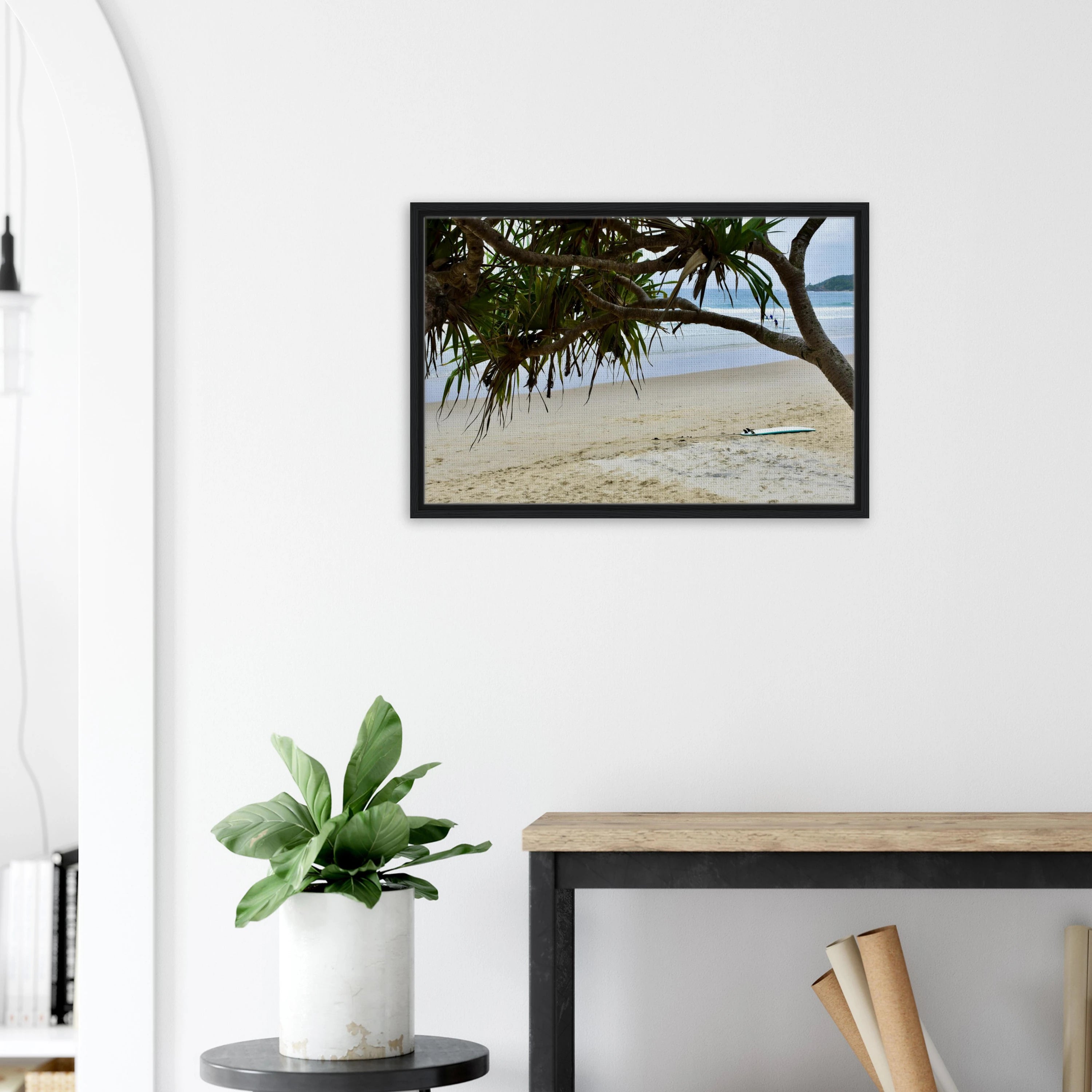 Byron Main Beach Pandanus Surfboard: Framed Canvas